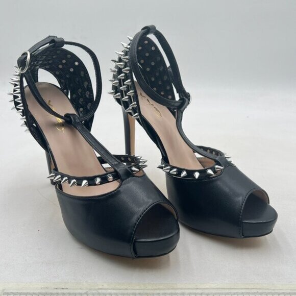XYD Black Sexy Platform High Heel Spikes Studded Peep Toe T-strap Sandals - Picture 4 of 8
